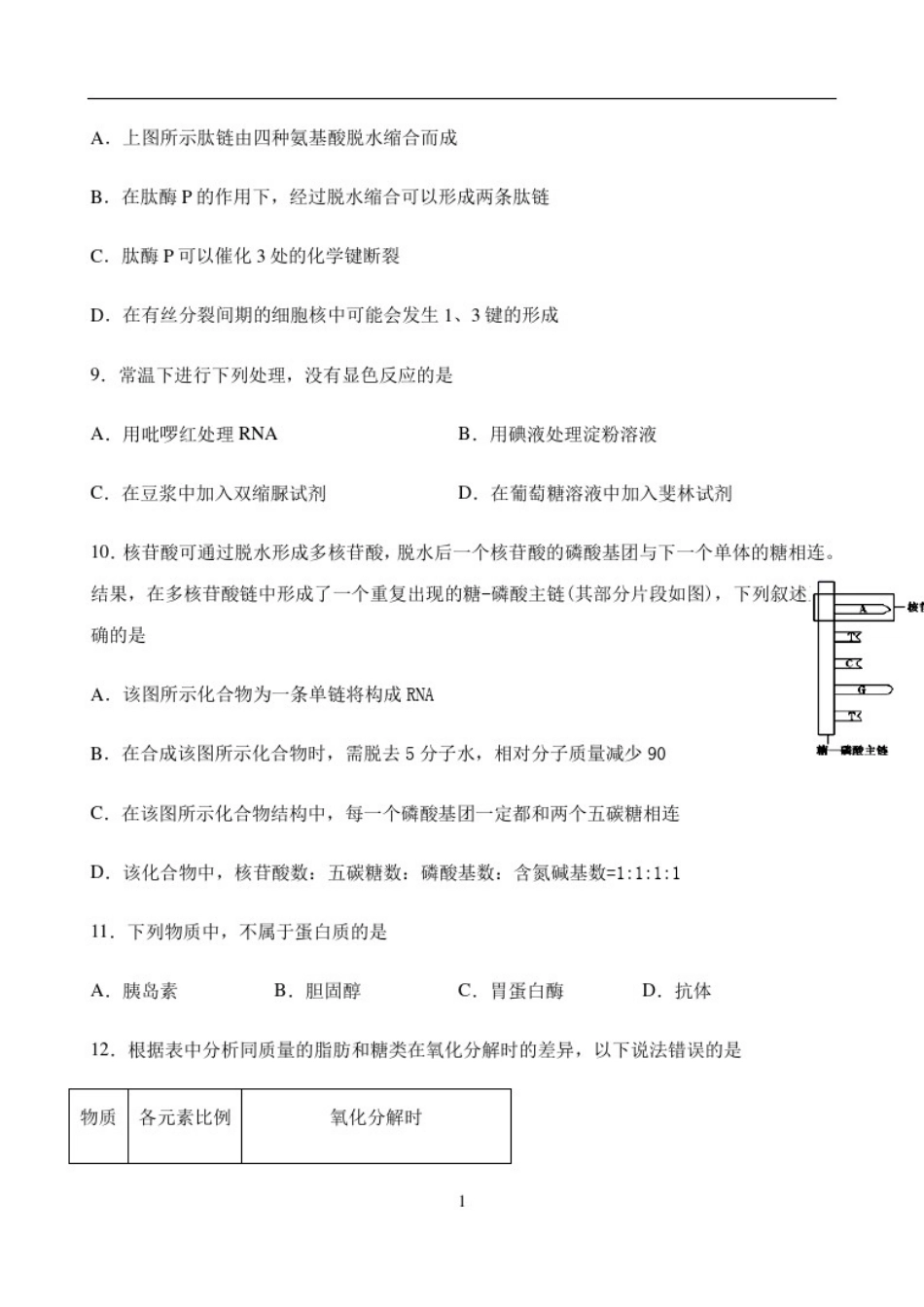 四川省泸县第二中学2020-2021学年高一上学期第二次月考生物试题Word版含答案_第3页