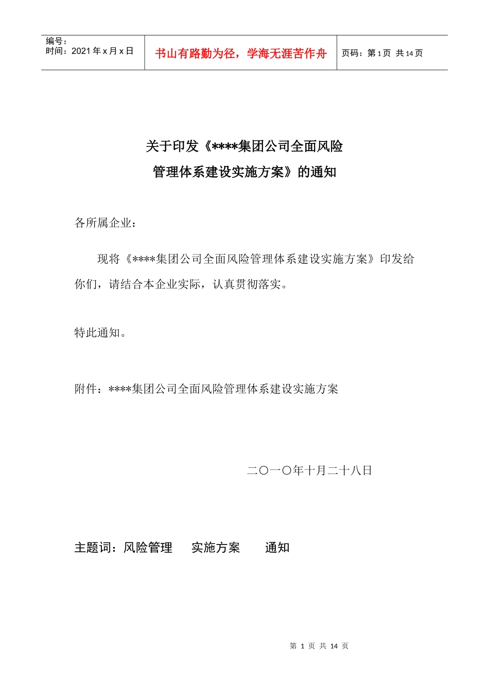 某某集团全面风险管理实施方案_第1页