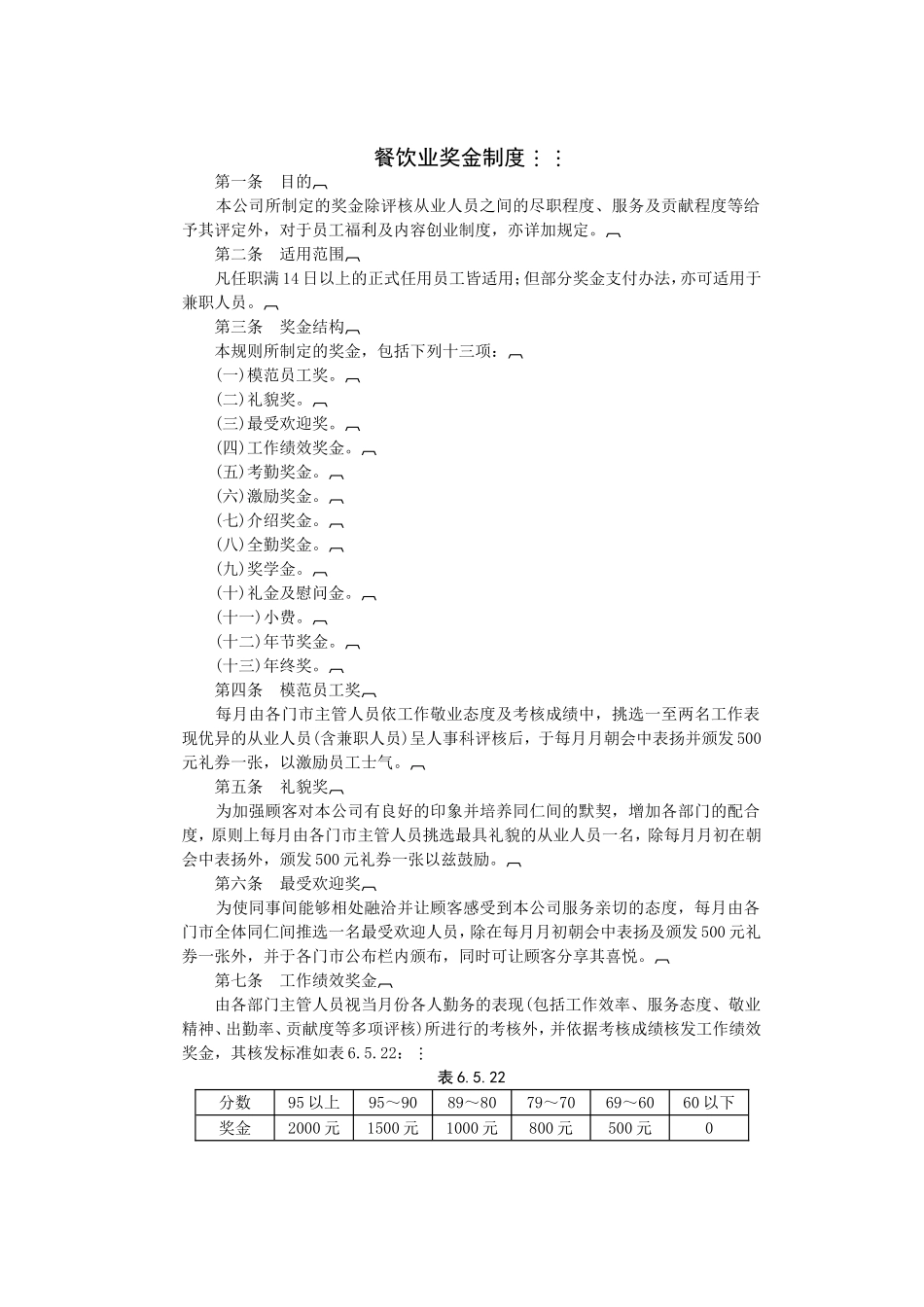 某某餐饮行业—奖金管理制度_第1页