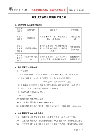 某某投资公司薪酬管理方案