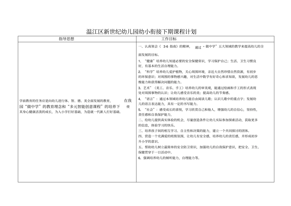 新世纪幼儿园幼小衔接下期课程计划_第1页