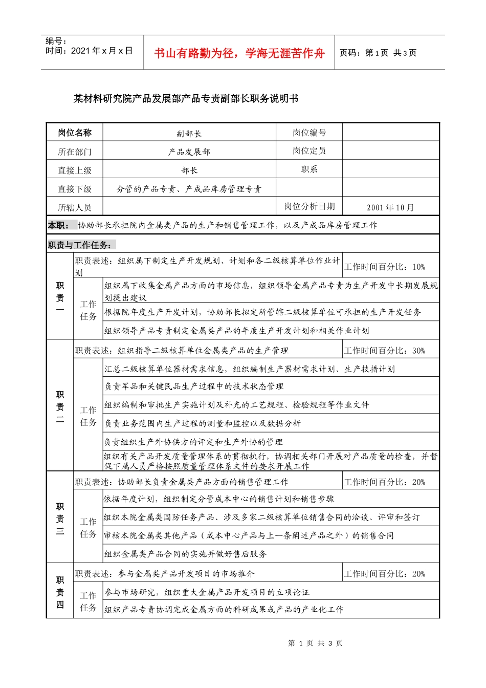 某材料研究院产品发展部产品专责副部长职务说明书_第1页