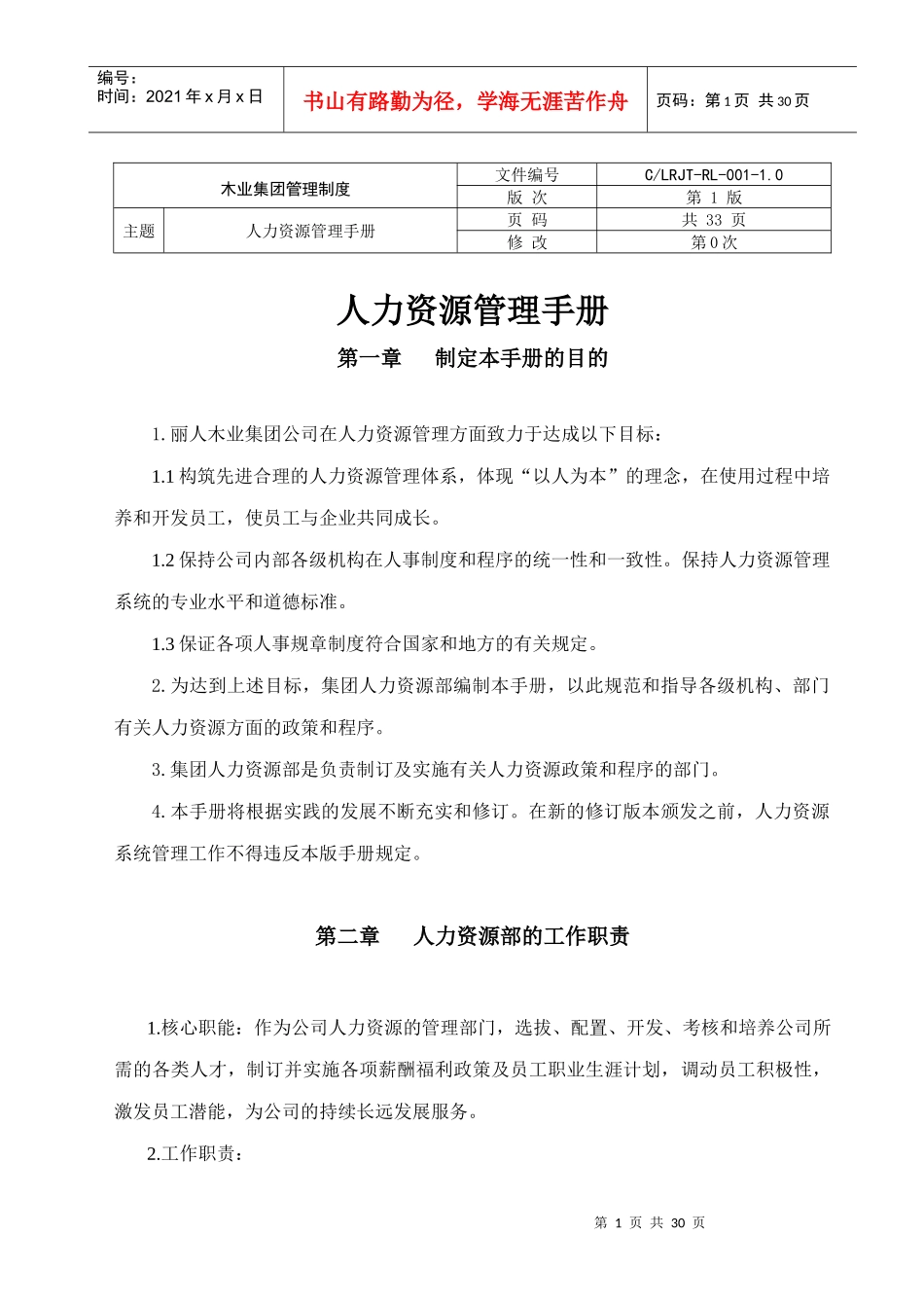 某木业集团管理制度人力资源管理手册_第1页