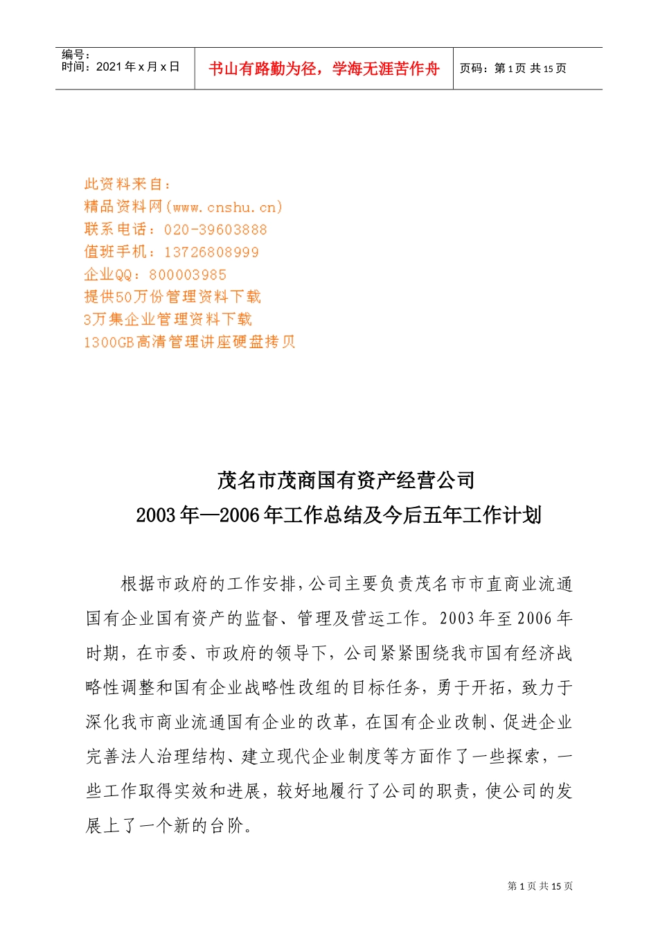 某某公司年度工作总结与今后五年工作计划_第1页