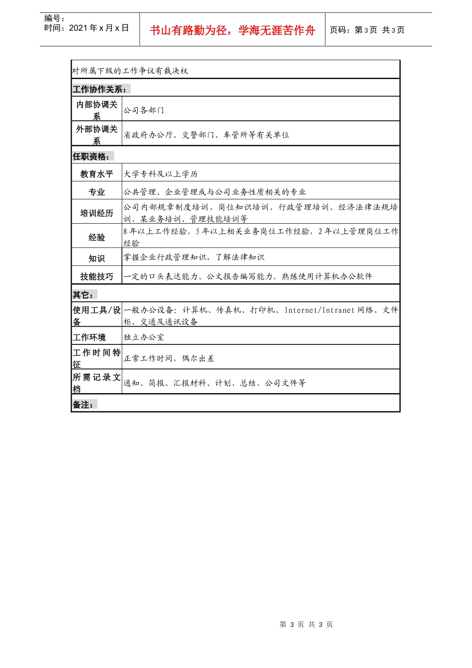 某投资公司综合管理部经理职务说明书_第3页