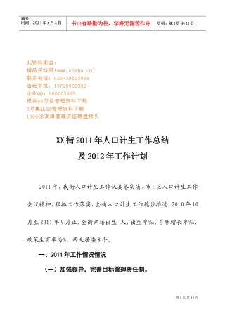 某某街人口计生工作总结与工作计划