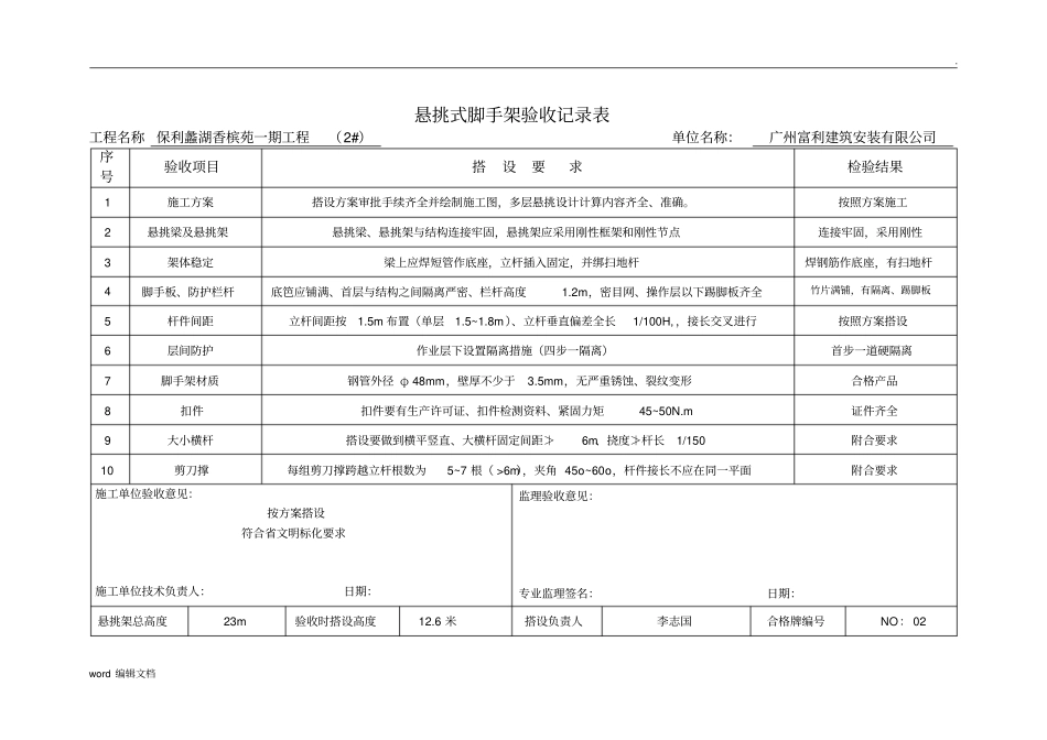 悬挑式脚手架验收记录表_第2页