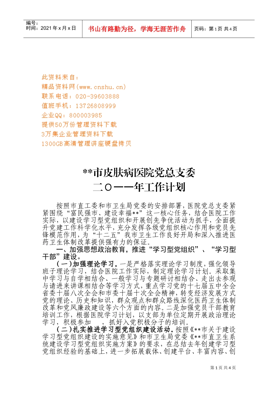某某市皮肤病医院党总支委年度工作计划_第1页