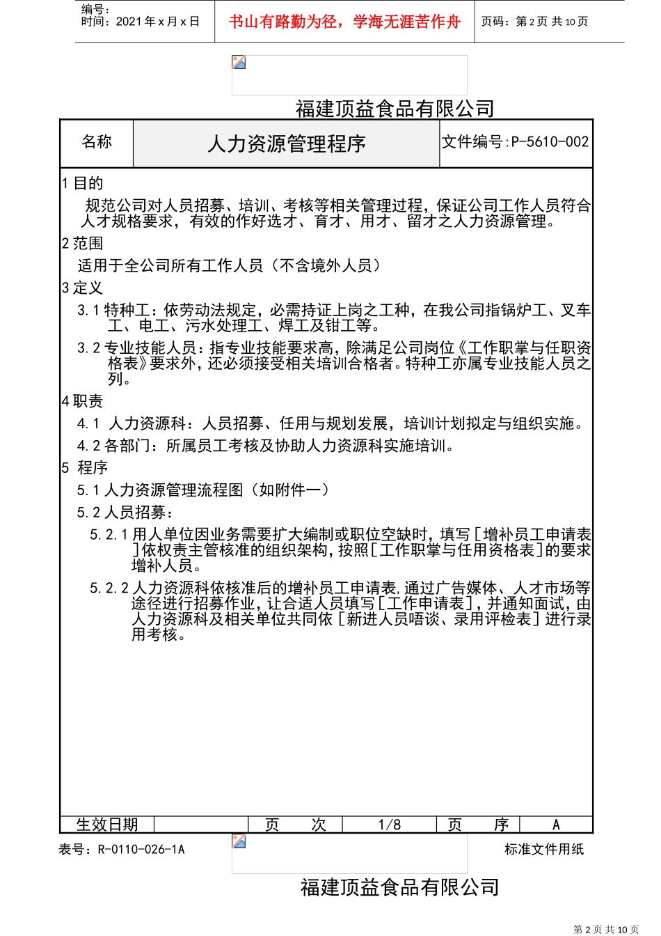 某某食品公司人力资源管理程序_第2页
