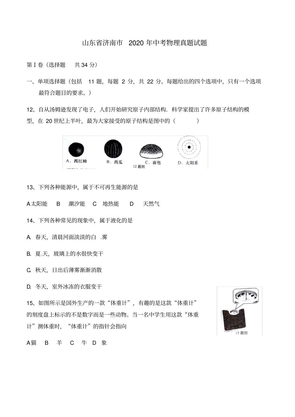 山东省济南市2020年中考物理真题试题(含答案)_第1页
