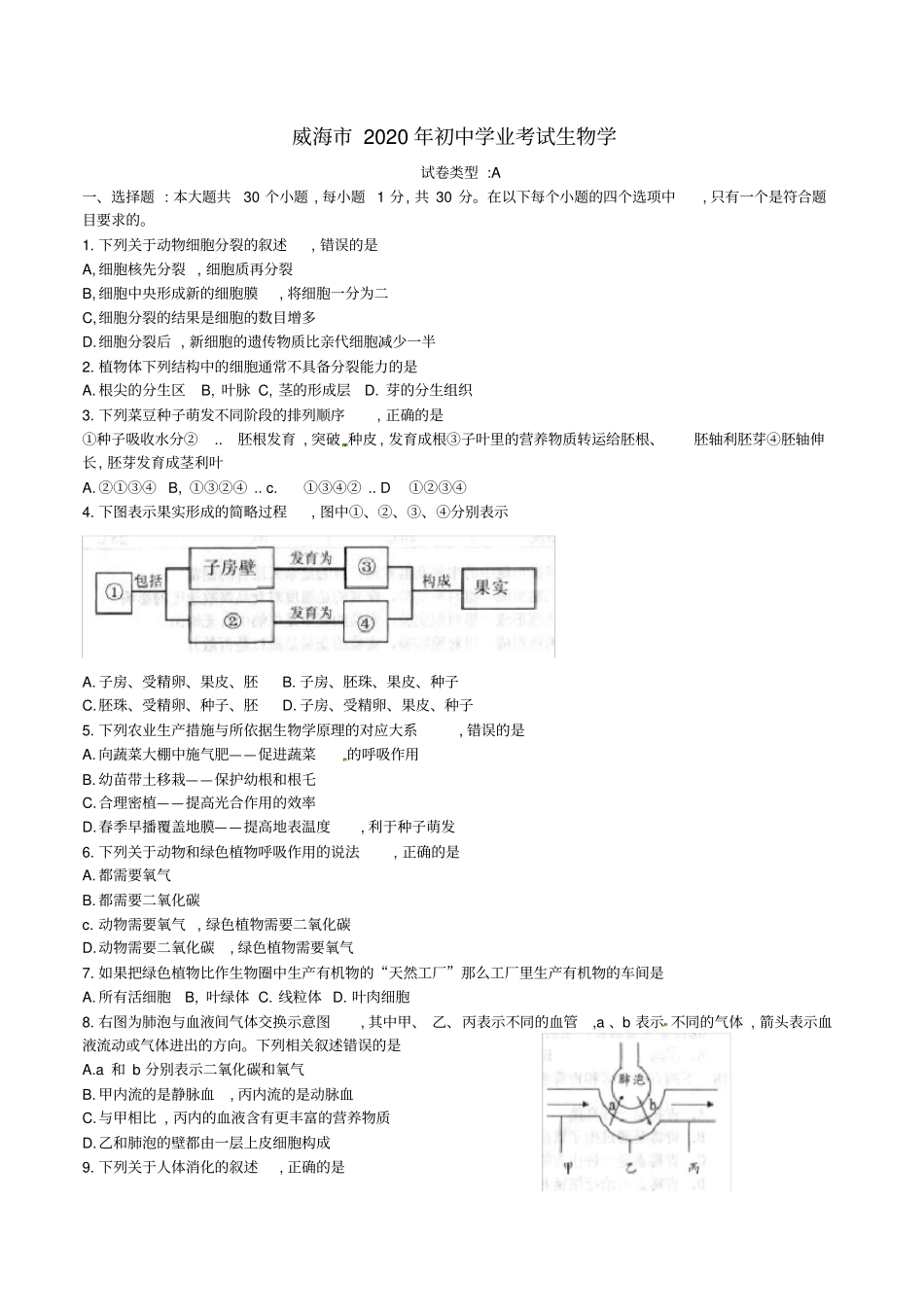 山东省威海市2020年中考生物真题试题(含答案)(1)_第1页