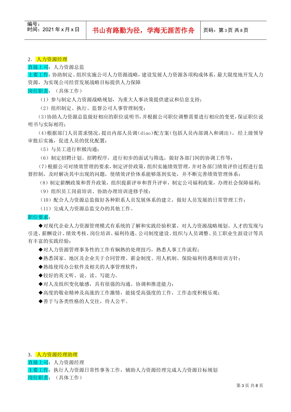 某某企业人力资源管理部组织机构图与岗位职责_第3页