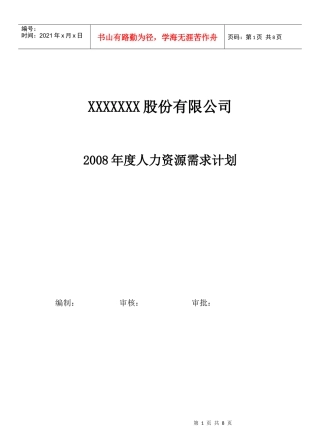 某某年度人力资源需求计划