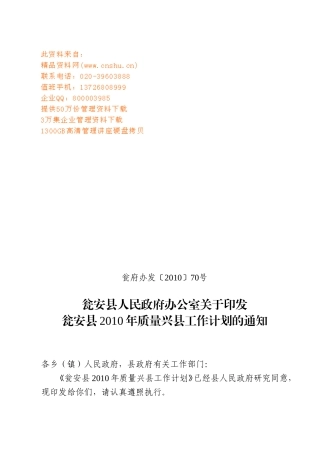 某某县质量兴县年度工作计划
