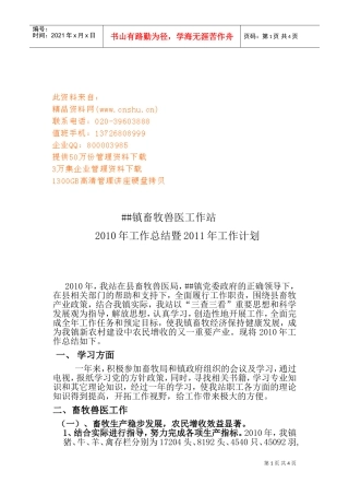 某某镇畜牧兽医工作站年度工作总结与工作计划