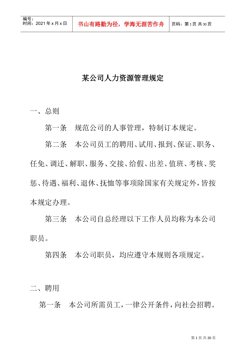 某某公司人力资源管理规章制度_第1页