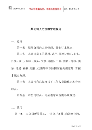 某某公司人力资源管理规章制度