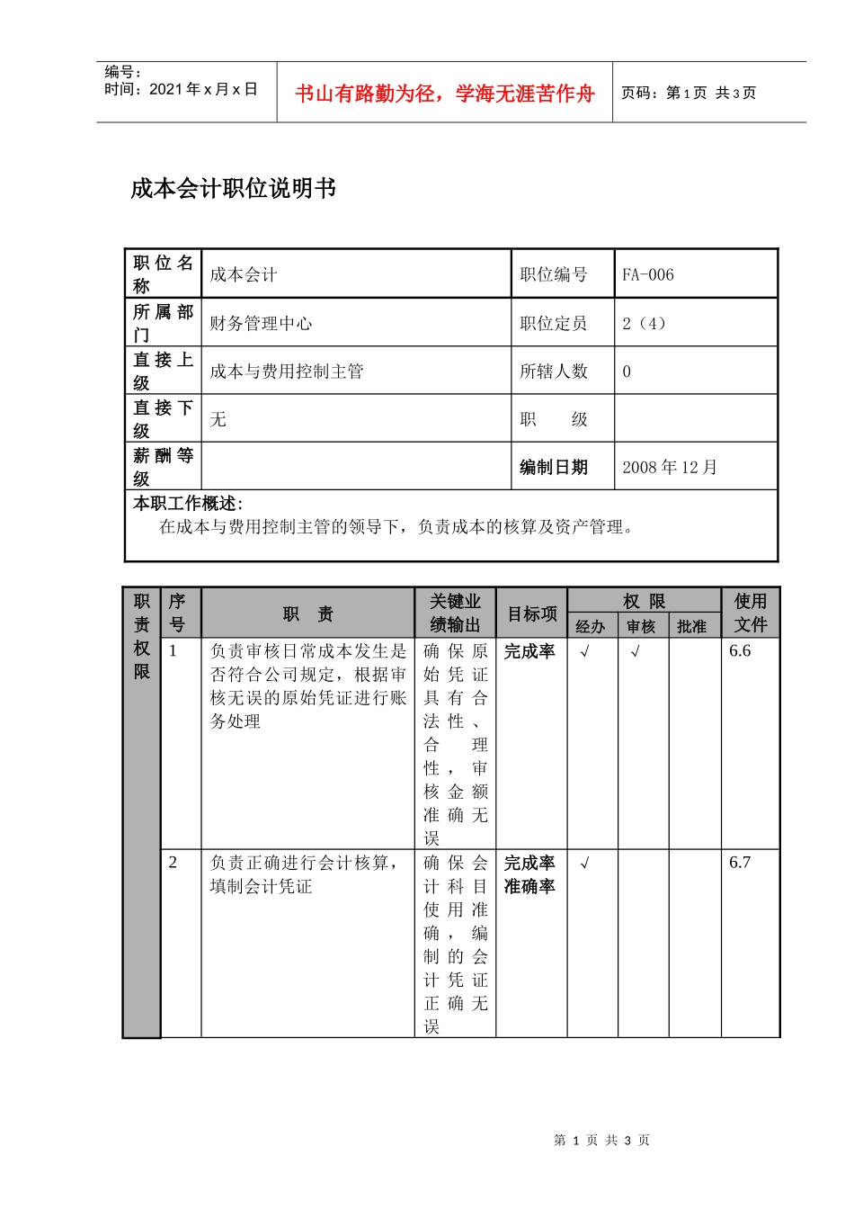 某航空物流公司成本会计职位说明书及关键绩效标准_第1页