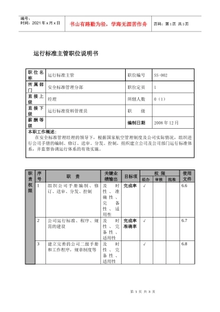 某航空物流公司运行标准主管职位说明书及关键绩效标准