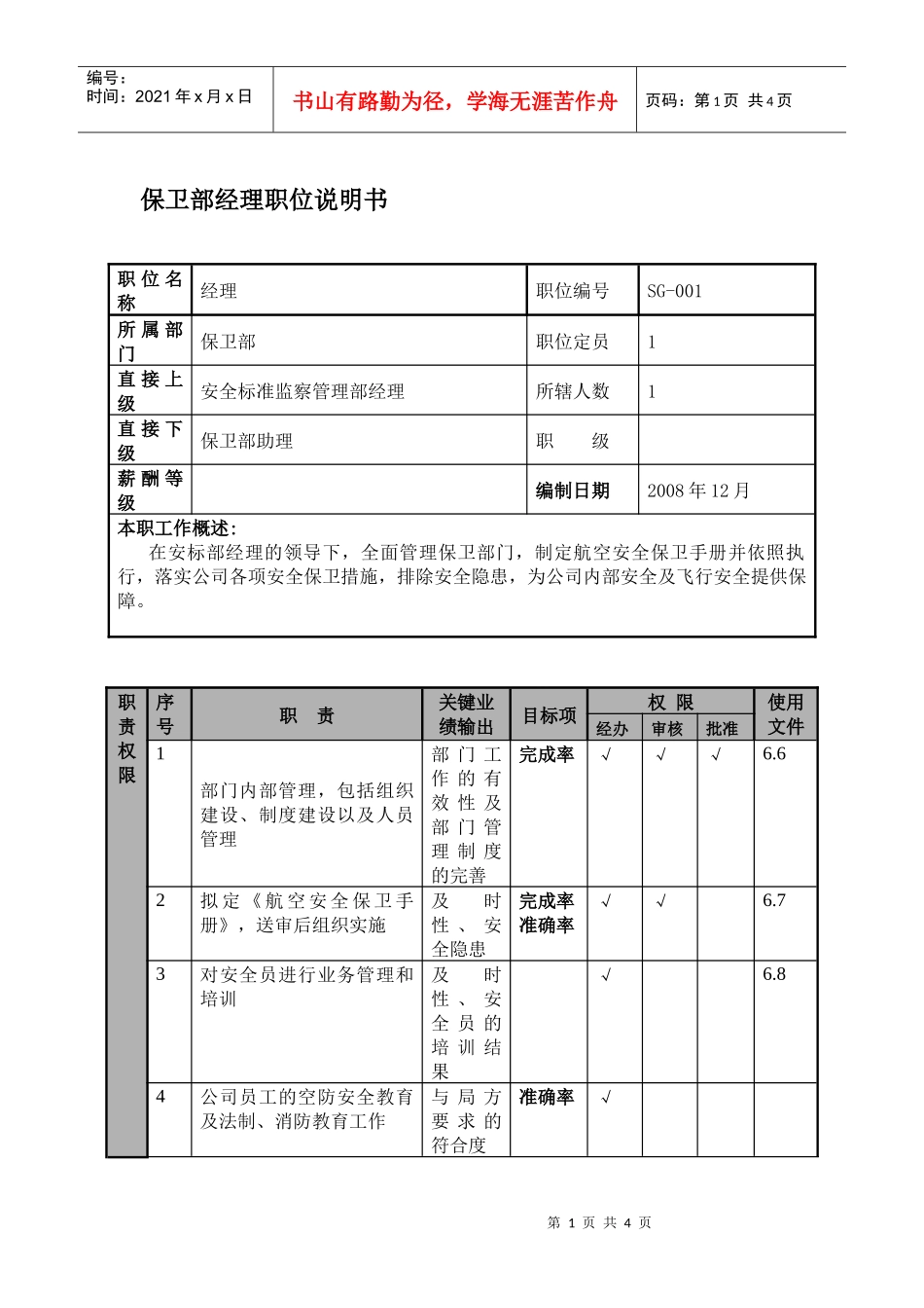 某航空物流公司保卫部经理职位说明书及关键绩效标准_第1页