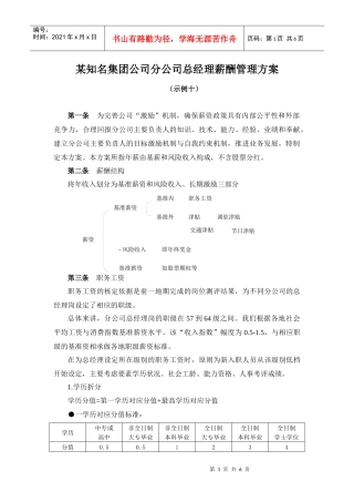 某知名集团公司分公司总经理薪酬管理方案