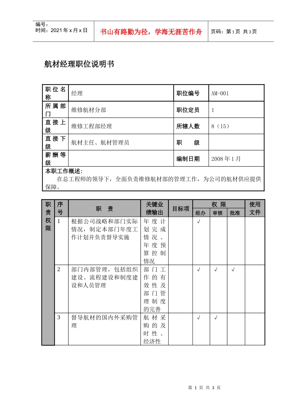 某航空物流公司航材经理职位说明书及关键绩效标准_第1页