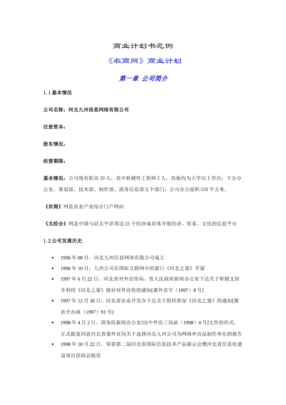 某著名咨询公司-河北九州-商业计划书_第1页