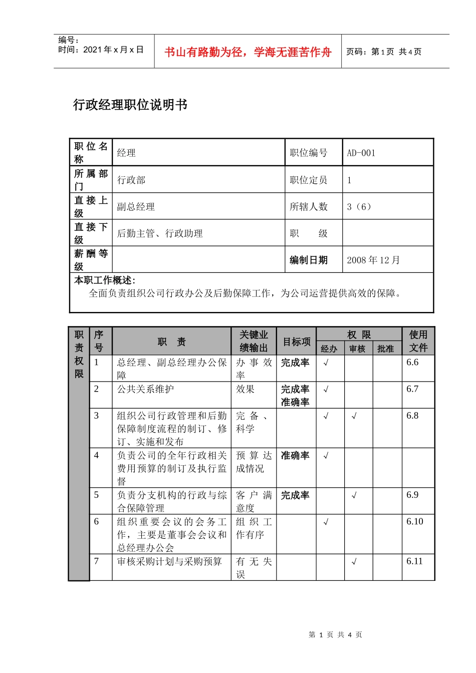 某航空物流公司行政经理职位说明书及关键绩效标准_第1页