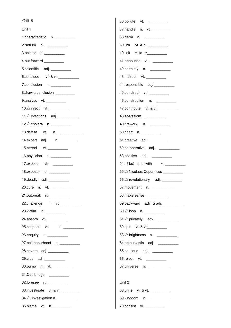 人教版英语必修五单词默写双语版本_第1页