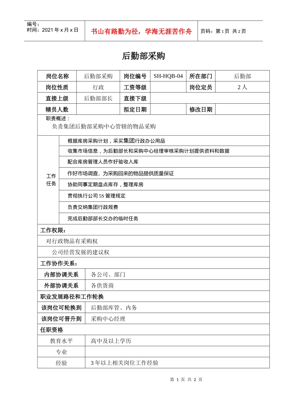 某汽车集团后勤部采购岗位说明书_第1页