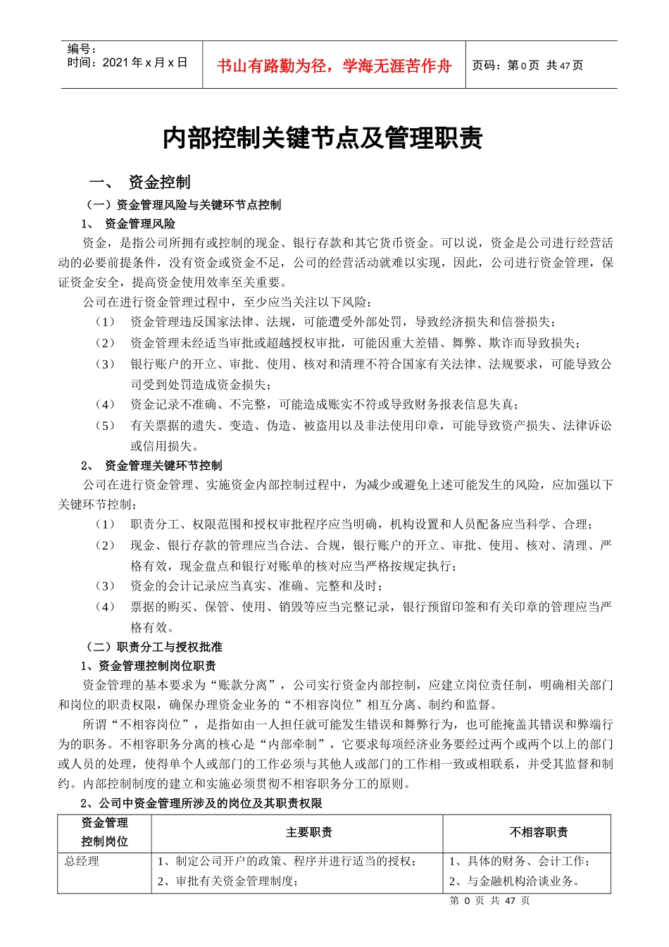 某百货有限公司内部控制关键节点及管理职责_第1页