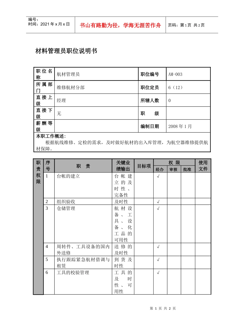 某航空物流公司材料管理员职位说明书及关键绩效标准_第1页