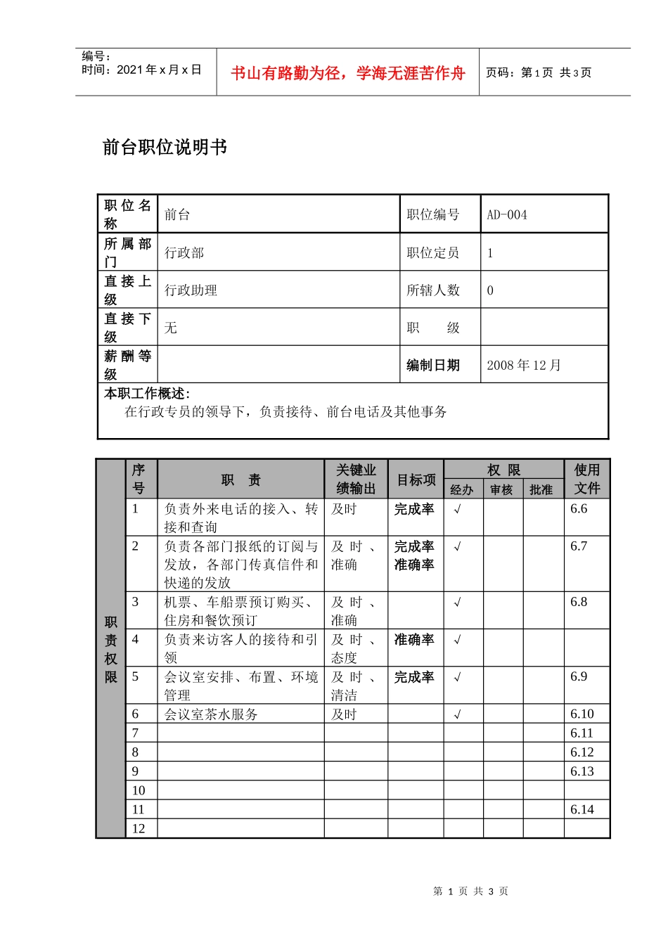 某航空物流公司前台职位说明书及关键绩效标准_第1页