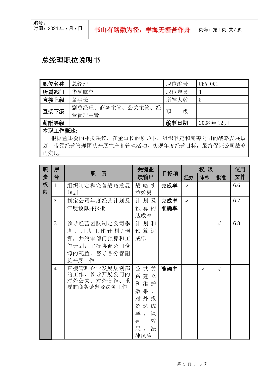 某航空物流公司总经理职位说明书及关键绩效标准_第1页