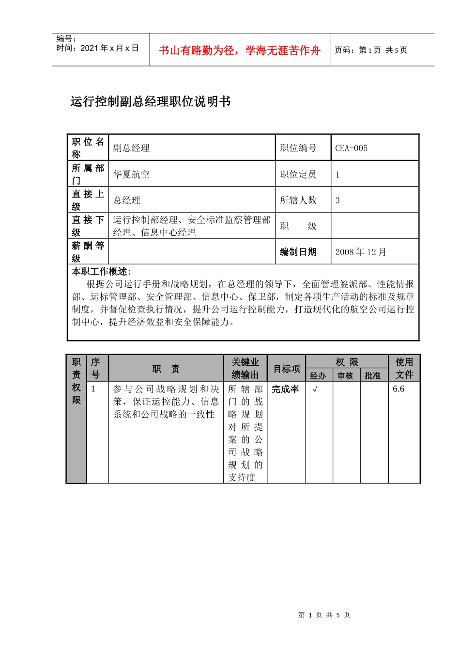 某航空物流公司运行控制副总经理职位说明书及关键绩效标准_第1页