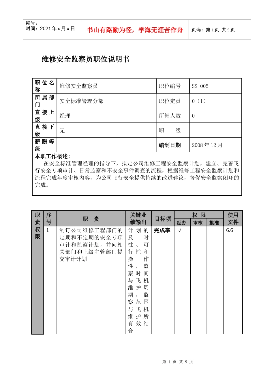 某航空物流公司维修安全监察员职位说明书及关键绩效标准_第1页