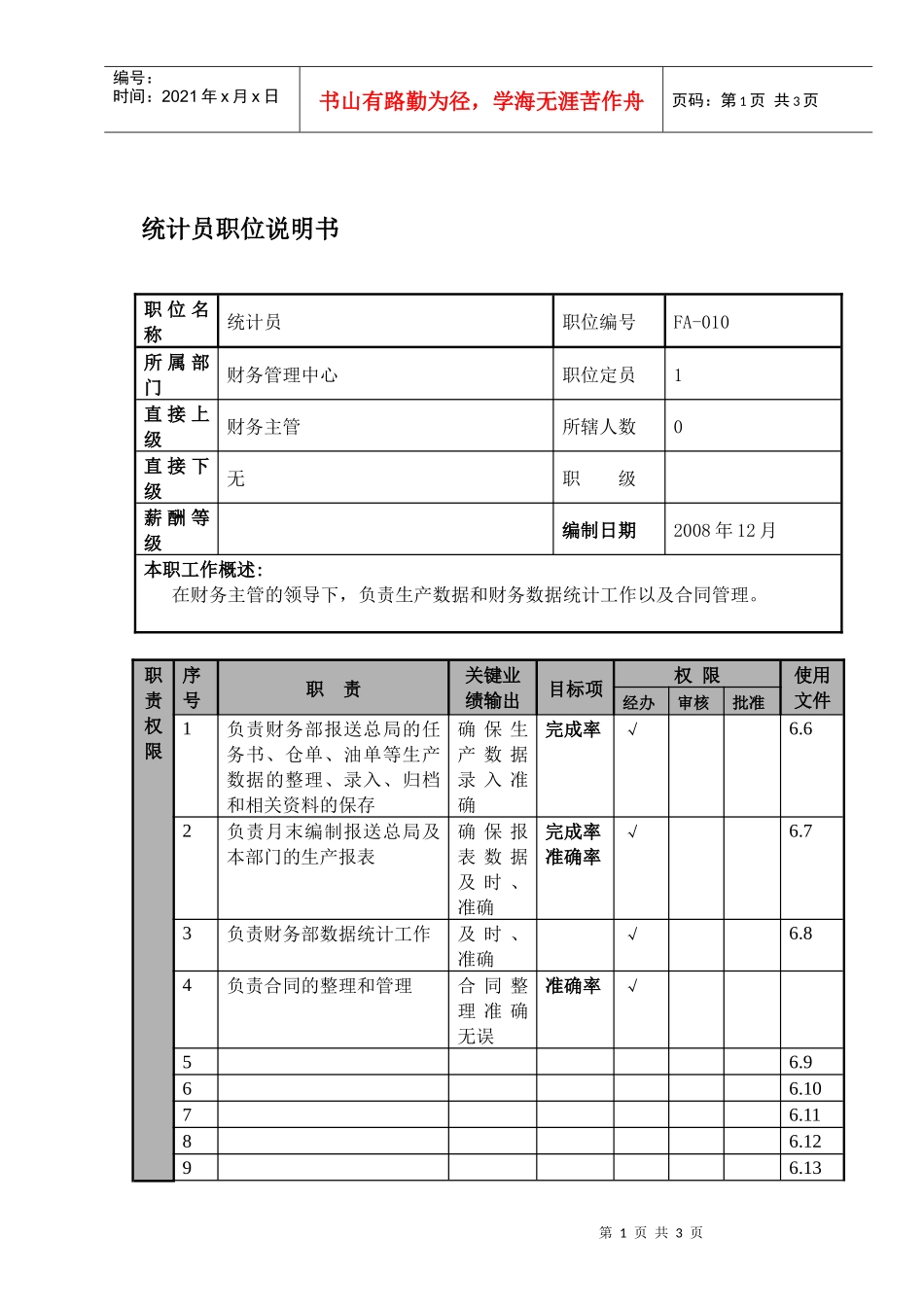 某航空物流公司统计职位说明书及关键绩效标准_第1页