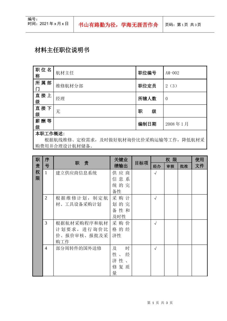 某航空物流公司材料主任职位说明书及关键绩效标准_第1页