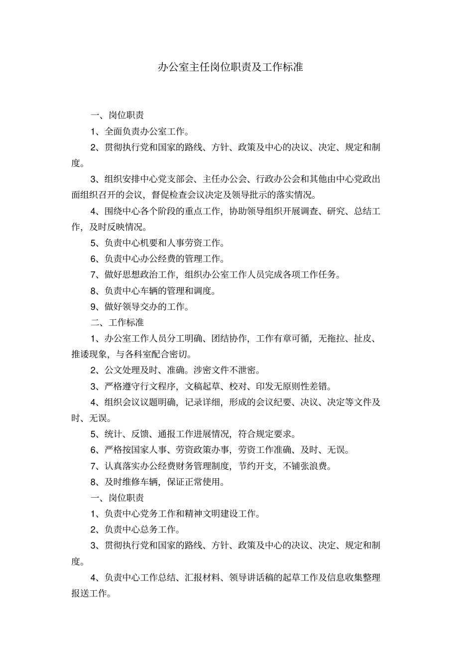 办公室主任岗位职责及工作标准_第1页