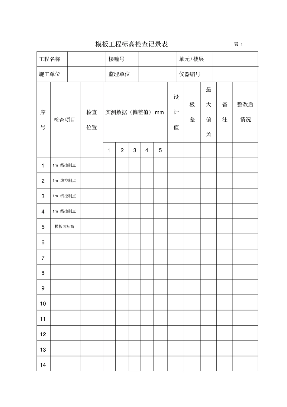 实测实量检查记录表格模板_第1页