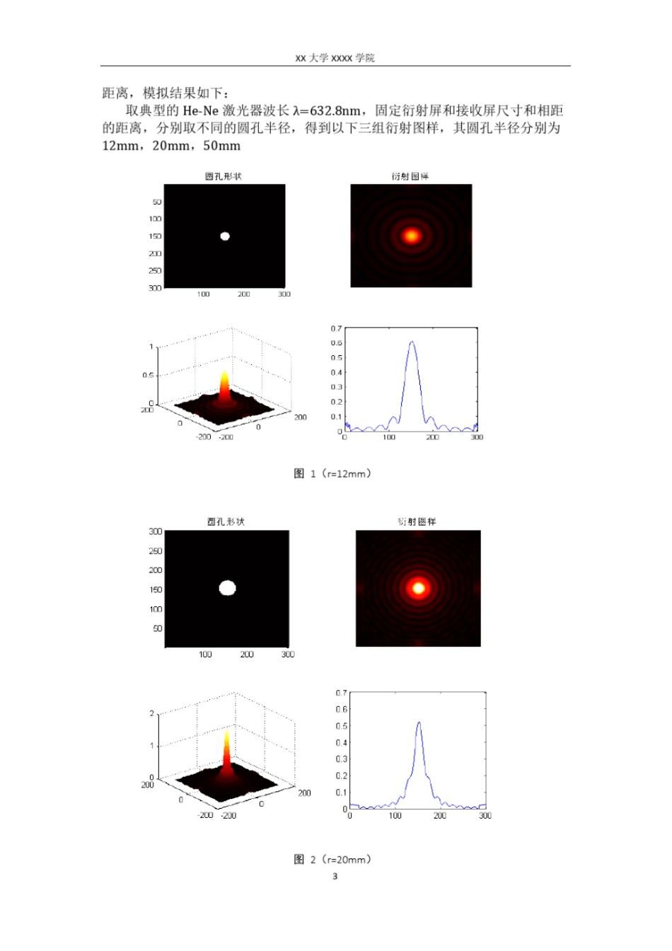 (完整word版)圆孔矩孔的菲涅尔衍射模拟(matlab实现)-工程光学_第3页