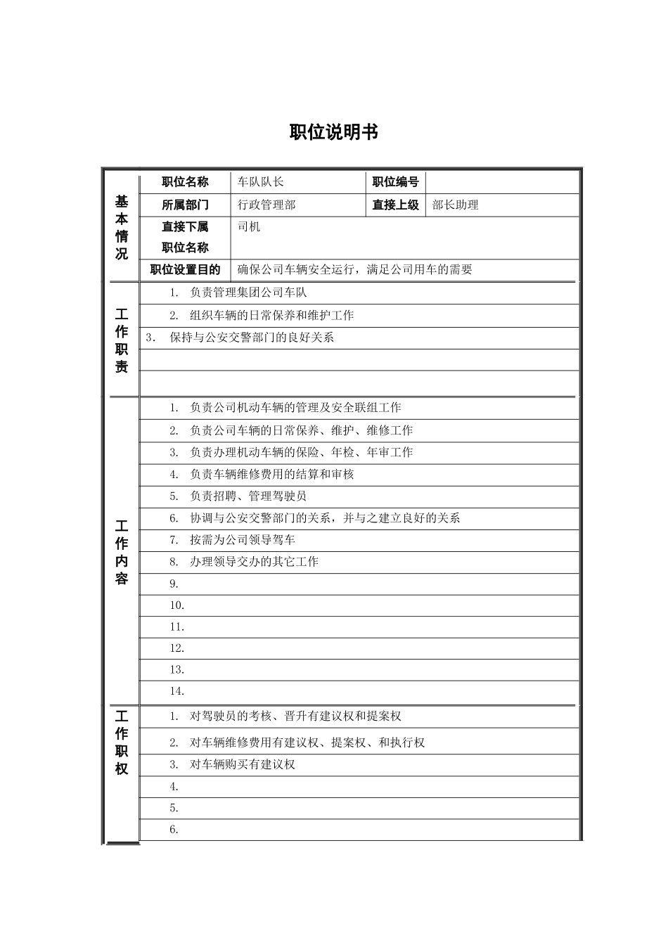 人力资源-7行政管理部_车队队长_职位说明书_第1页