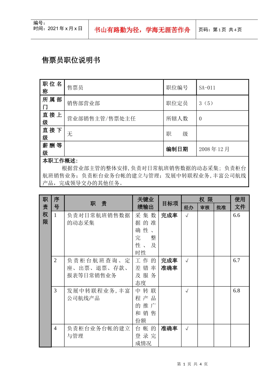 某航空物流公司售票员职位说明书及关键绩效标准_第1页