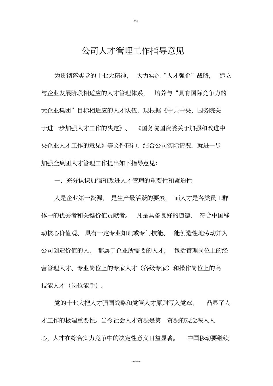 员工发展-人才管理工作指导意见_第1页