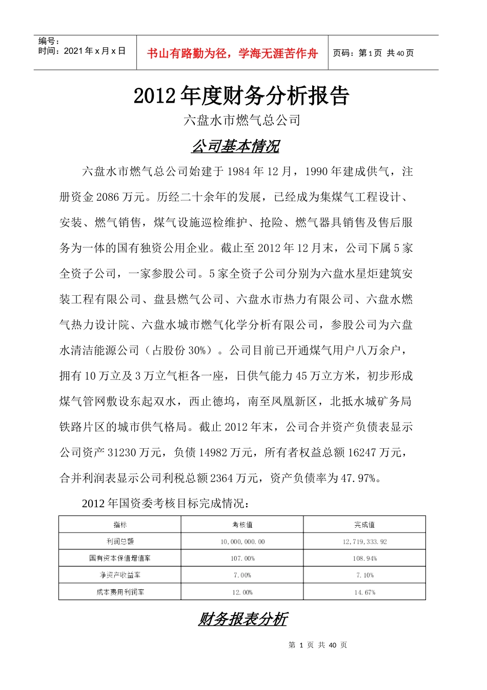 某燃气公司年度财务分析报告_第1页