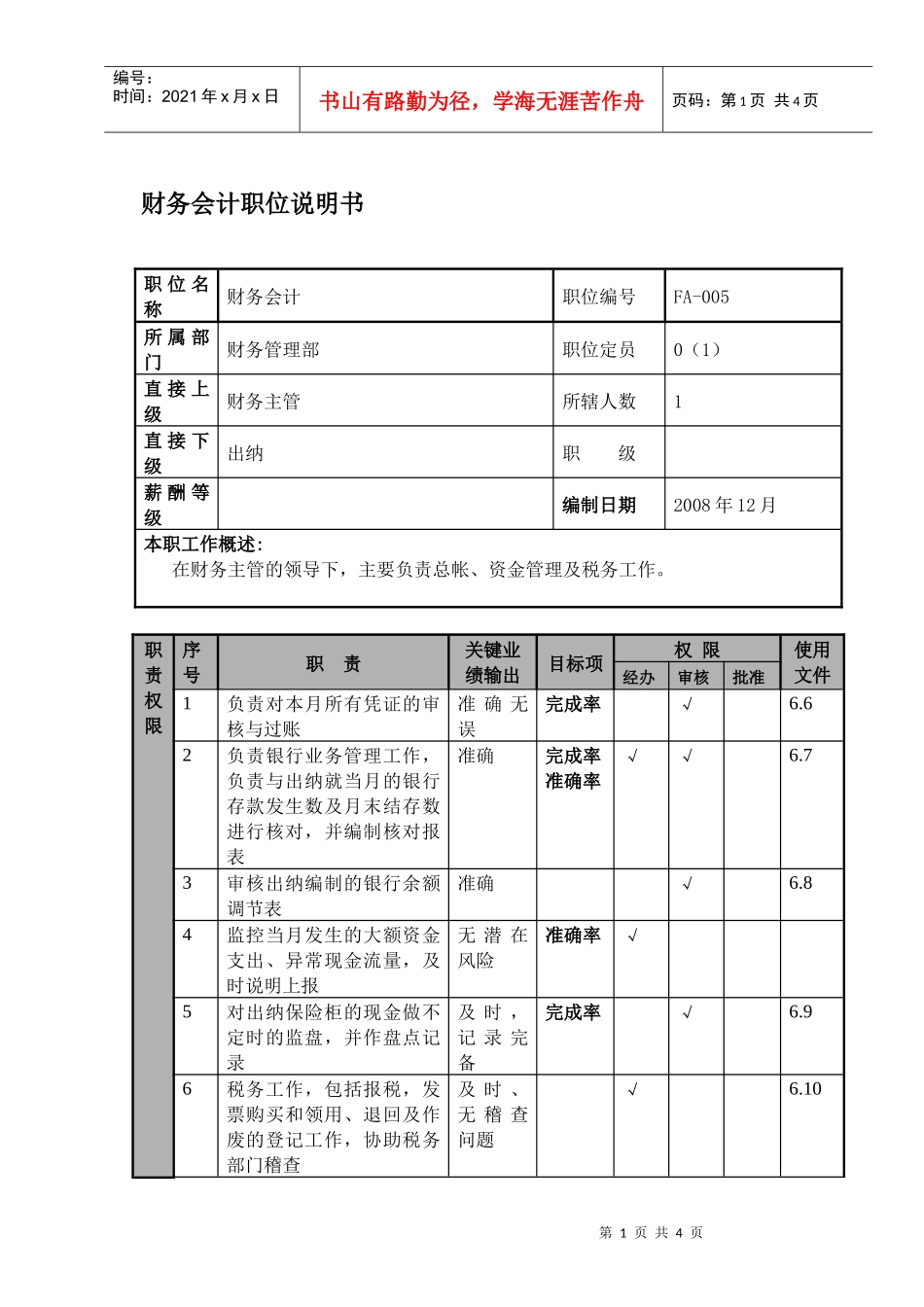 某航空物流公司财务会计职位说明书及关键绩效标准_第1页