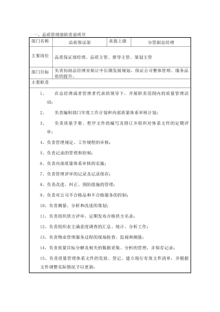 品质保证部职位说明书