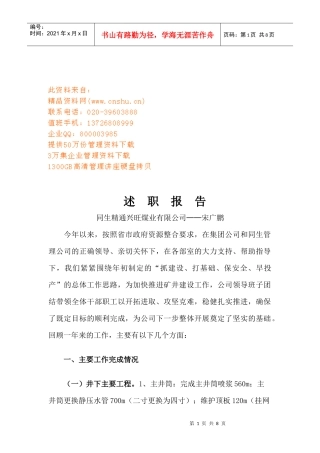 某煤业公司述职报告