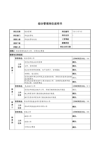 中船重工研究所开发经营处综合管理岗位说明书