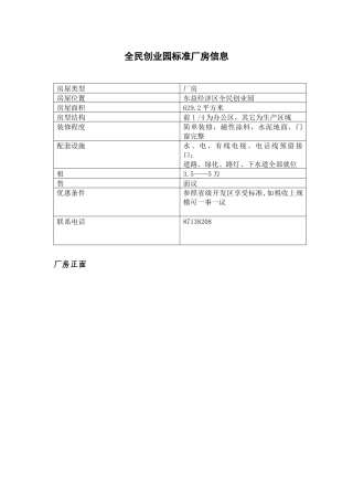 全民创业园标准厂房信息